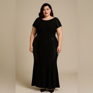 Talbot Runhof Black Wool & Sequin Short Sleeve Mermaid Gown Sz. 10‎